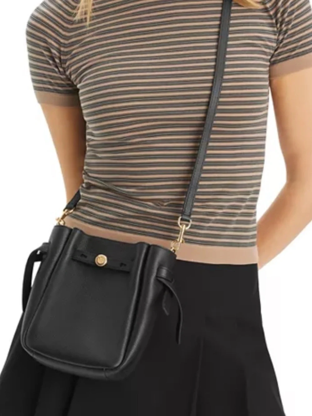 Tory Burch Small Romy  bucket Black Pebbled Crossbody Bag with Gold Accent